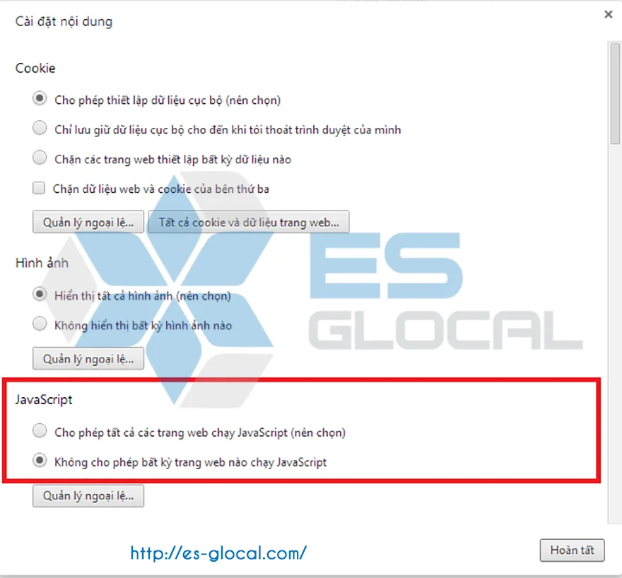Hướng dẫn tắt javascript trên Chrome