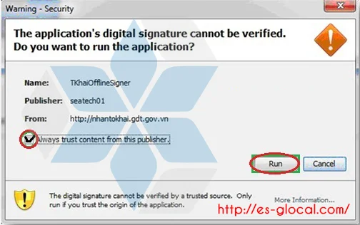 The application's digital signature cannot be verified. Do you want to run the application