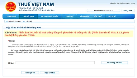 Phiên bản XML trên tờ khai không đúng với phiên bản hệ thống yêu cầu