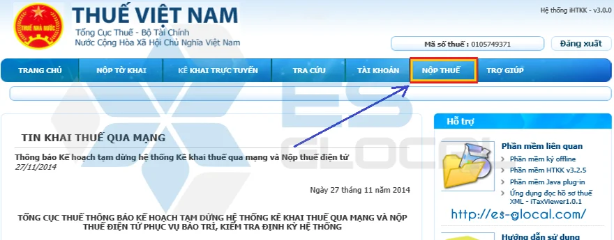 Vào chức năng nộp thuế