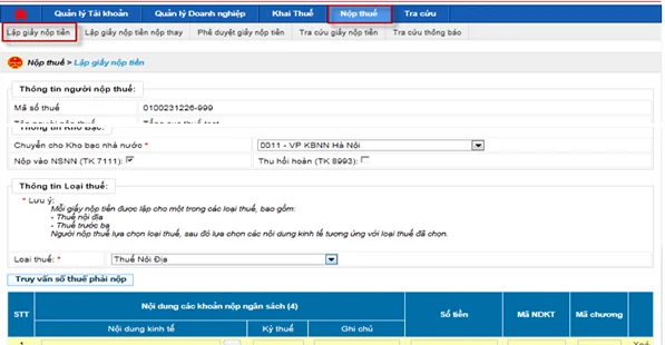 Hướng dẫn lập giấy nộp tiền trên hệ thống Etax của Tổng cục thuế