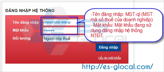 Gõ thông tin đăng nhập gồm MST và Mật khẩu