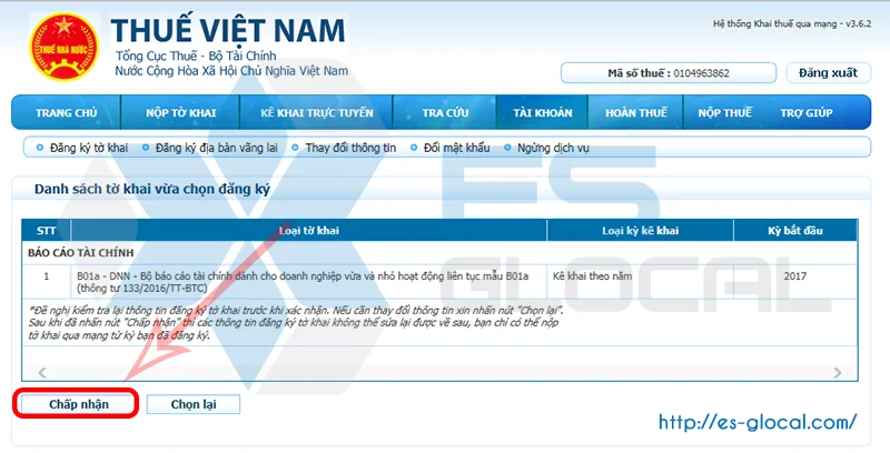 Chấp nhận hoàn thành sửa lỗi tờ khai chưa đăng ký nộp  qua mạng