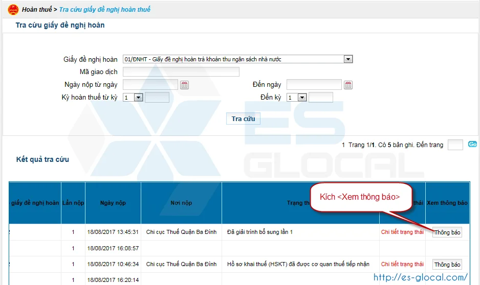 Tra cứu thông báo đề nghị hoàn thuế điện tử