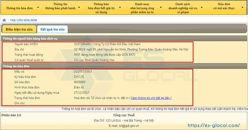 Kết quả tra cứu hóa đơn diện tử hợp pháp