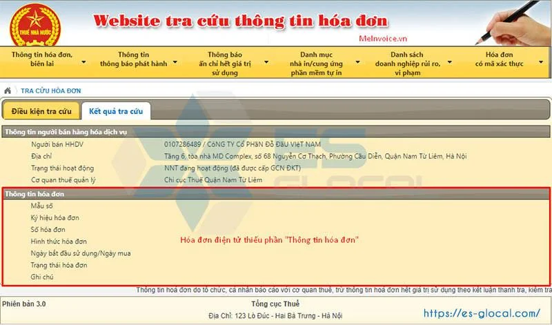 Kết quả tra cứu hóa đơn điện tử không hợp pháp