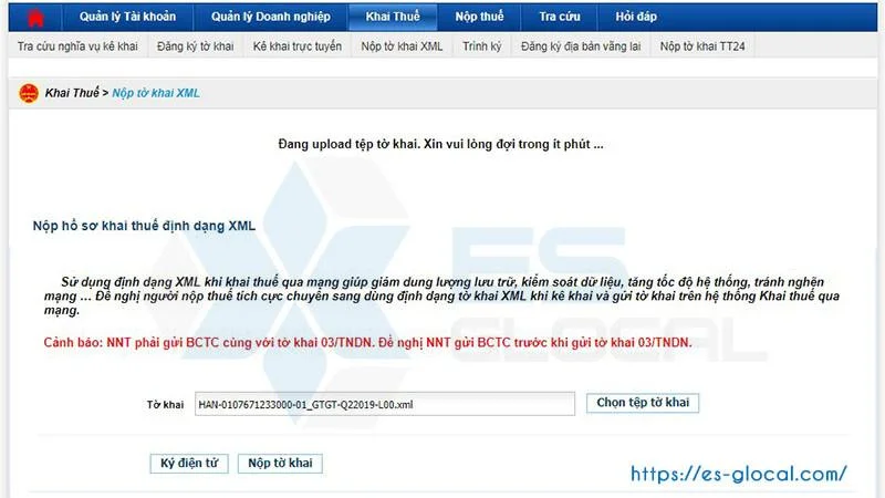 Đang upload tờ khai thuế, vui lòng chờ trong giây lát