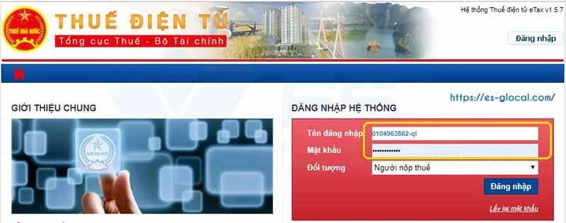 Đăng nhập vào trình quản lý thuế điện tử