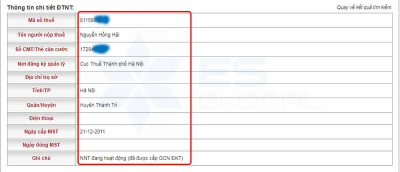 Kết quả tra cứu MST TNCN