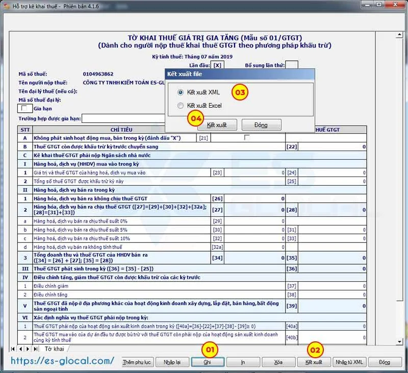 Kết xuất tờ khai xml để nộp tờ khai thuế