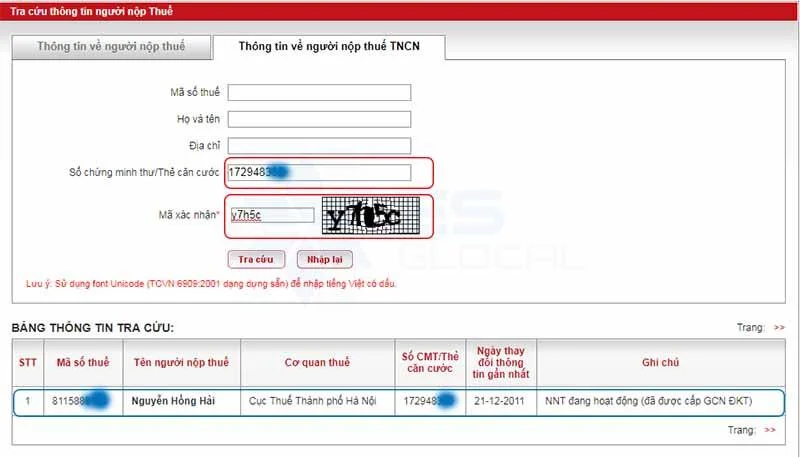 Tra cứu thanh công MST TNCN 