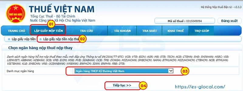 Vào phần hệ nộp tiền thay