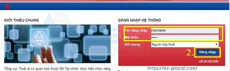 Đăng nhập mã số thuế và mật khẩu