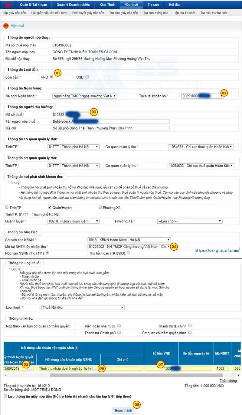 Điền thông tin giấy nộp tiền thuế nhà thầu