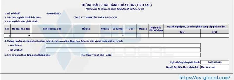 Giao diện thông báo phát hành hóa đơn