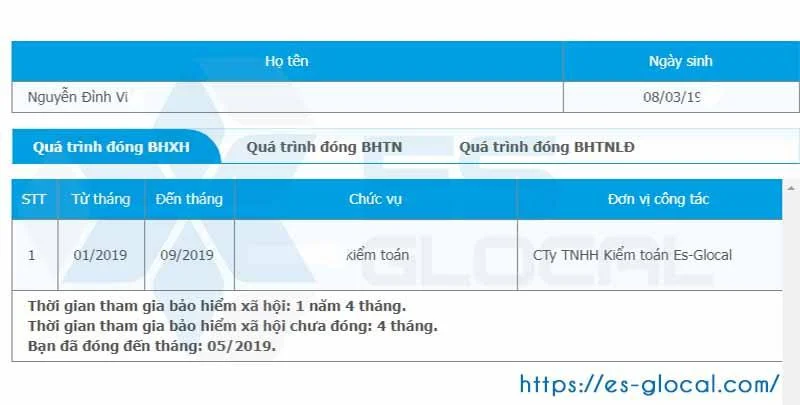 Kết quả tra cứu quá trình tham gia BHXH