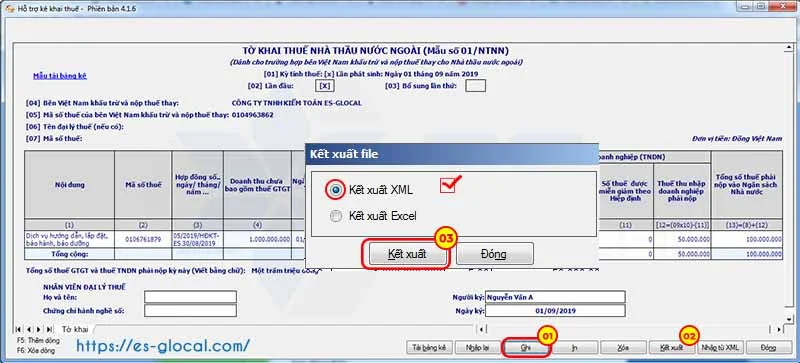 Kết xuất file xml nộp tờ khai thuế nhà thầu qua mạng