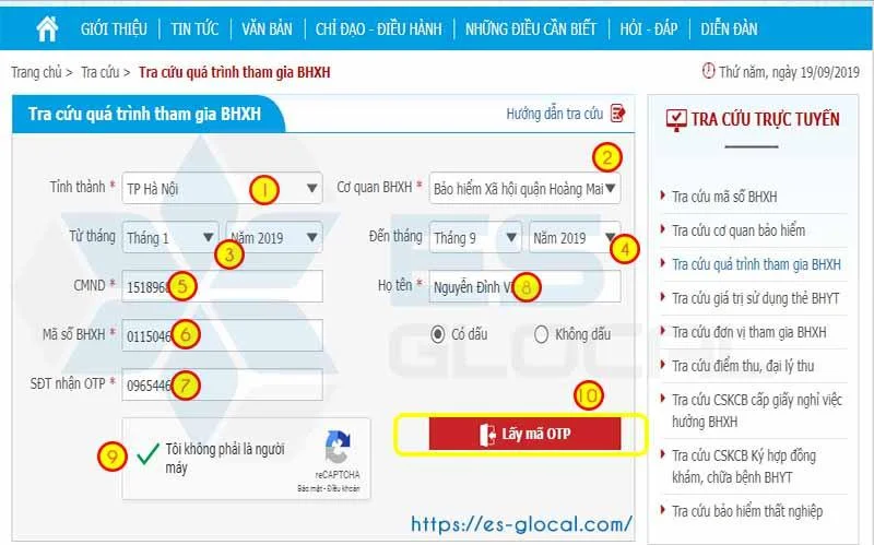 Nhập thông tin tra cứu quá trình tham gia BHXH