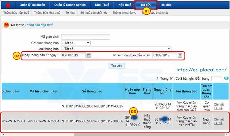 tra cứu số thuế đã nộp thành công