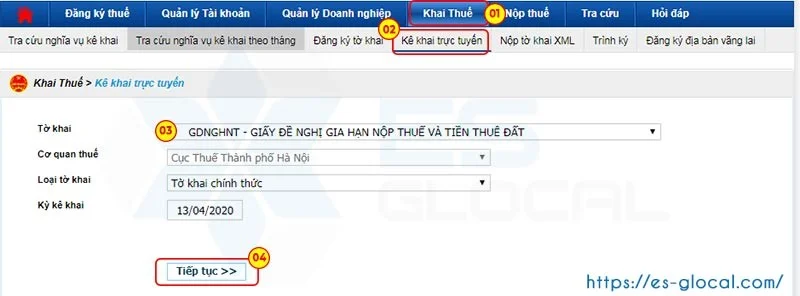 Chọn tờ khai gia hạn nộp thuế để kê khai trực tuyến