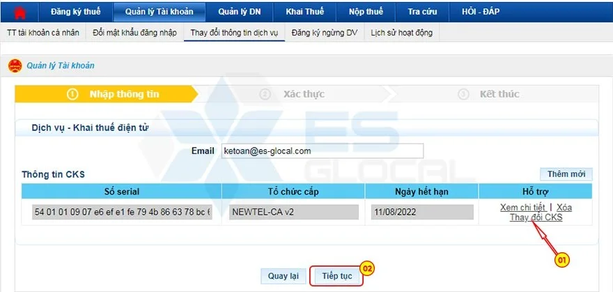 Thay đổi số serial của  dịch vụ khai thuế điện tử