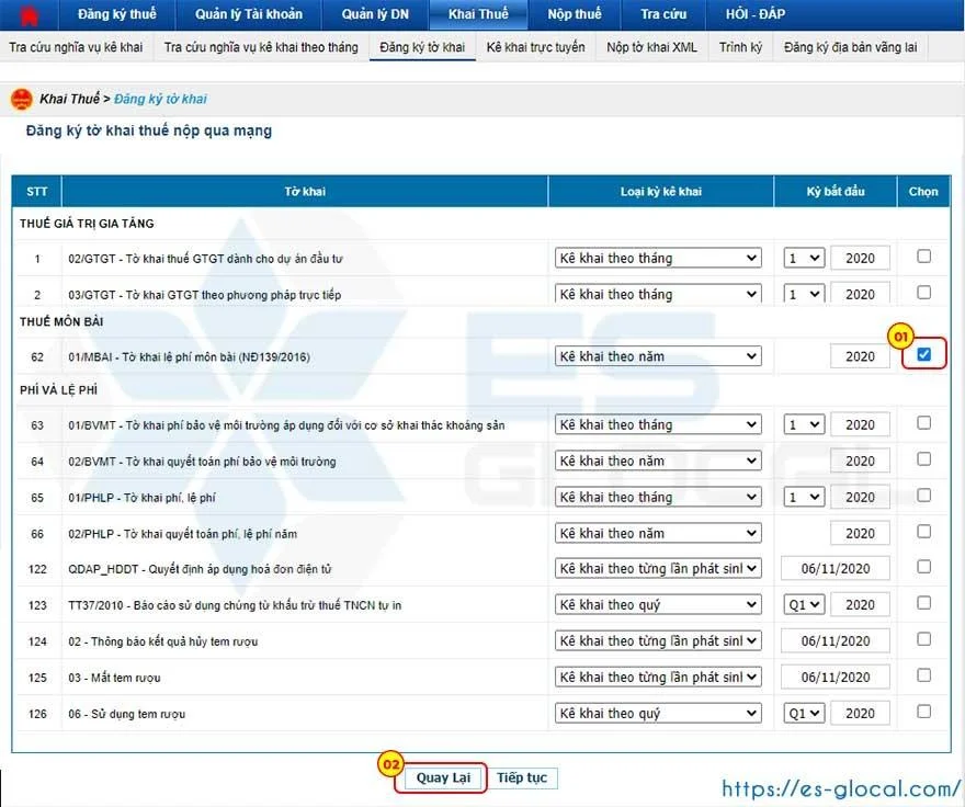 Tích chọn tờ khai đăng ký thuế môn bài