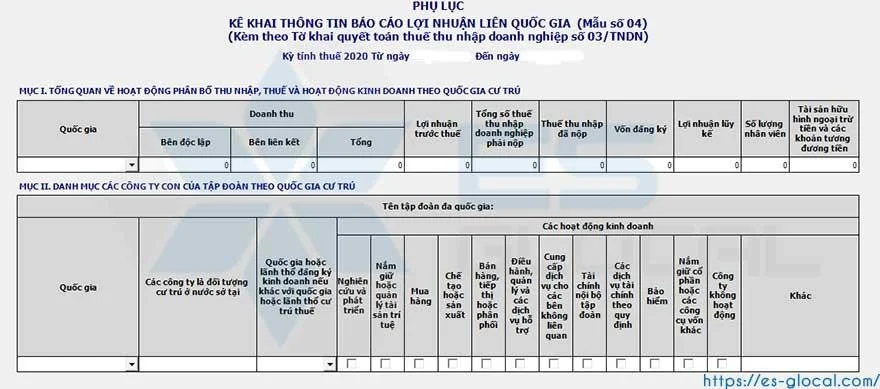 Hướng kê kê khai phụ lục IV - Giao dịch liên kết