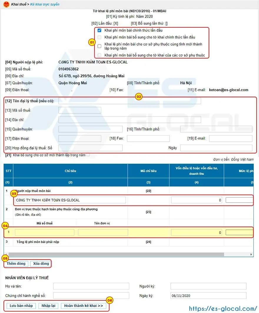 Nhập thông tin doanh nghiệp lên tờ khai thuế môn bài