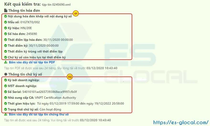 kết quả kiểm tra tra cứu hóa đơn