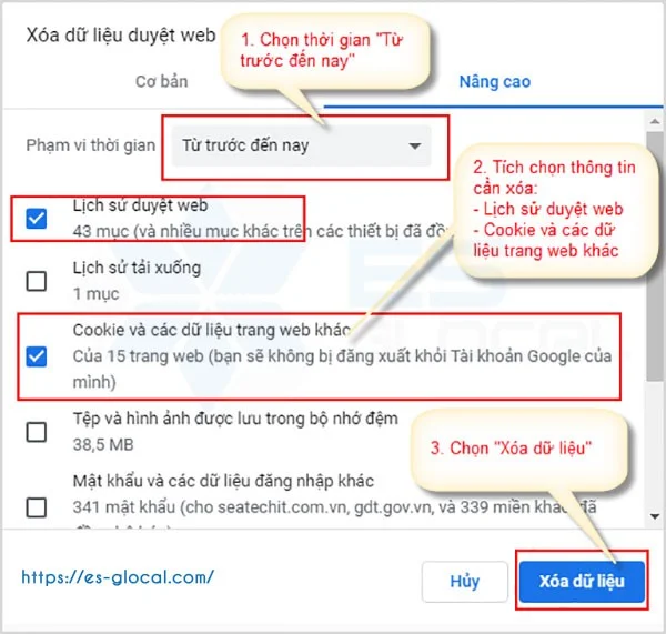 Xóa dữ liệu website lịch sử trình duyệt website và cookei của trình duyệt