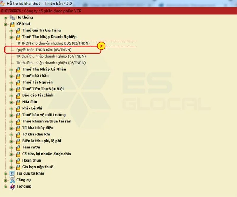 Chọn tờ khai quyết toán thuế TNDN 03-TNDN 
