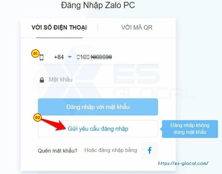 Chọn mục gửi yêu cầu đăng nhập để đăng nhập tài khoản zalo pc