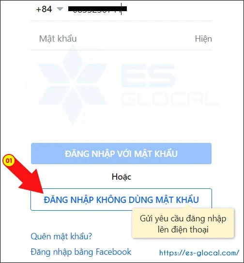 Chọn mục đăng nhập không dùng mật khẩu, tài khoản zalo trên website