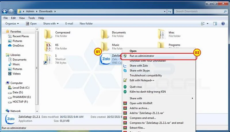 Chọn run as administrator để cài đặt zalo máy tính