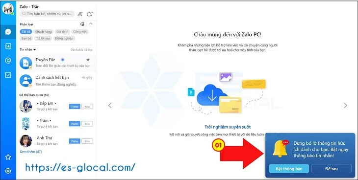 Đăng nhập thành công tài khoản zalo trên web và kích hoạt thông báo tin nhắn mới